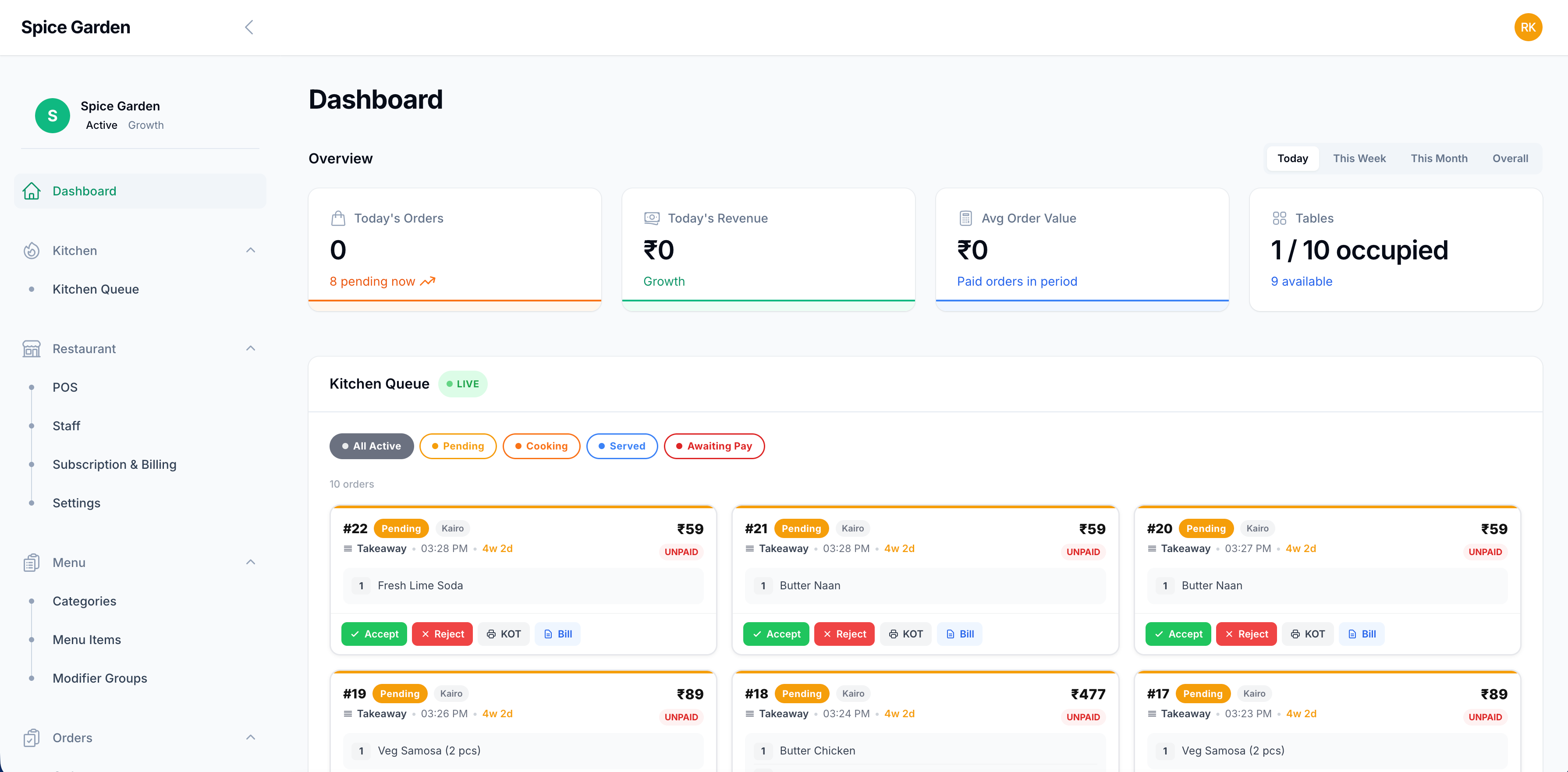DineSync SaaS product India - cloud restaurant management software dashboard with live orders and kitchen queue